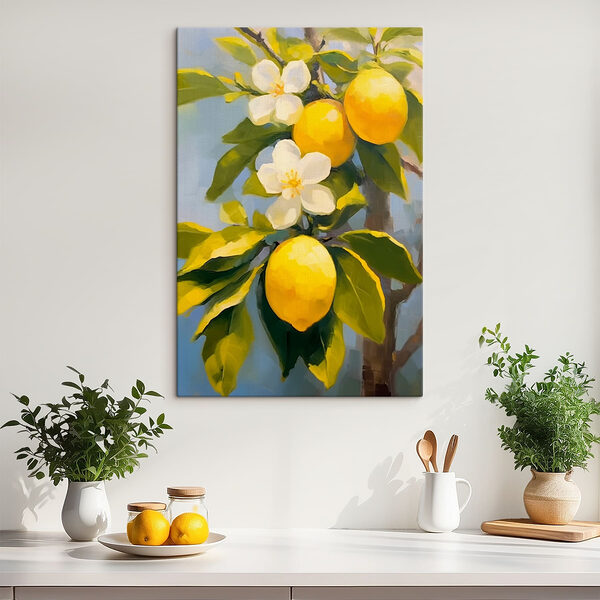 Gemälde von Zitronen und Blumen auf einem Baum Wandbilder Gemälde von Zitronen und Blumen auf einem Baum