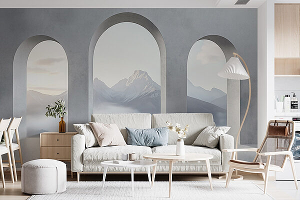 Weißes Zimmer mit gewölbten Fenstern und Bergen im Hintergrund Fototapeten Weißes Zimmer mit gewölbten Fenstern und Bergen im Hintergrund
