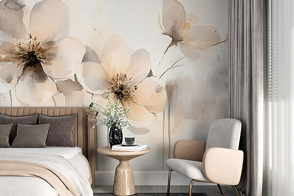Malerei von Blumen auf einer weißen Fläche Fototapeten Malerei von Blumen auf einer weißen Fläche