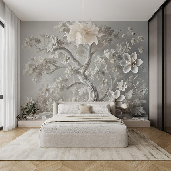 Weißer Baum mit Blumen Fototapeten Weißer Baum mit Blumen
