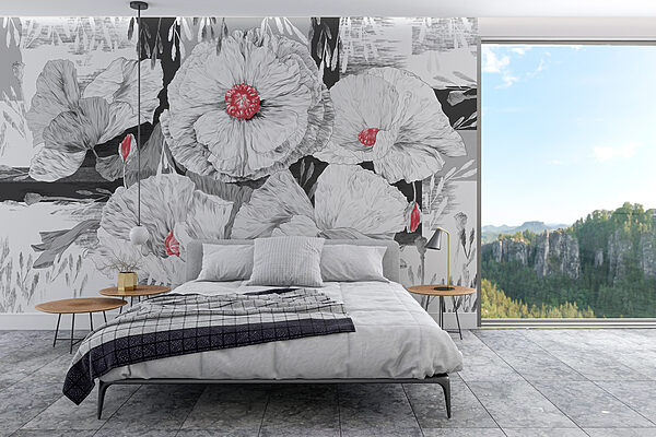 Gruppe weißer Blüten mit roter Mitte Fototapeten Gruppe weißer Blüten mit roter Mitte