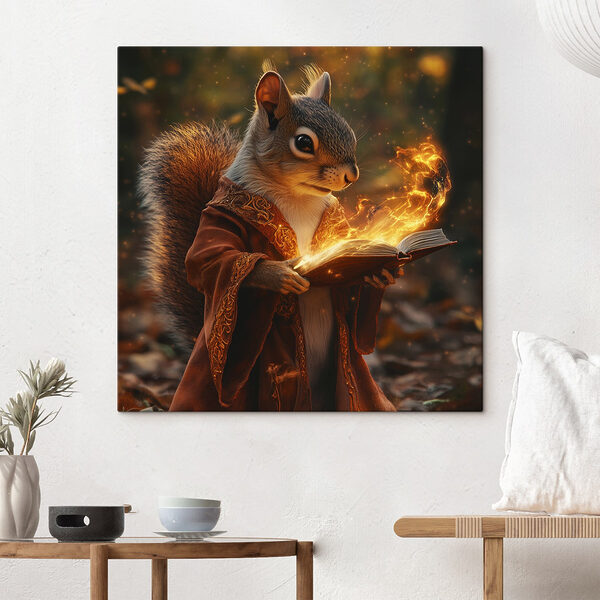 Eichhörnchen hält ein Buch mit Flammen, die aus ihm herauskommen Wandbilder Eichhörnchen hält ein Buch mit Flammen, die aus ihm herauskommen