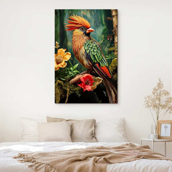 Bunter Vogel sitzt auf einem Zweig mit Blumen Wandbilder Bunter Vogel sitzt auf einem Zweig mit Blumen