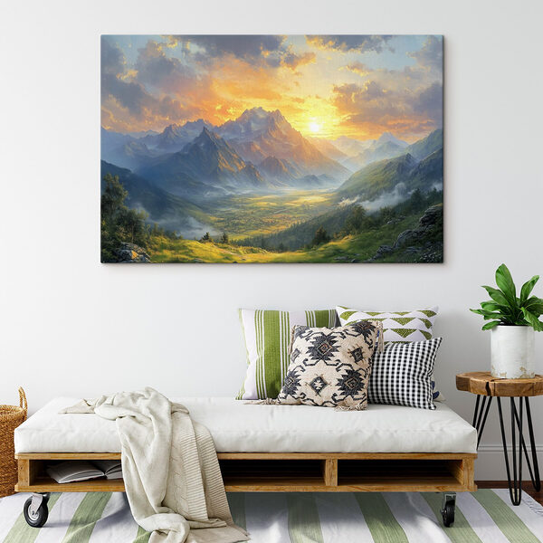 Landschaft mit Bergen und einem Tal mit Wolken und Sonne Wandbilder Landschaft mit Bergen und einem Tal mit Wolken und Sonne