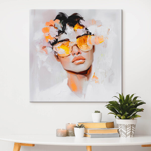 Mann mit Sonnenbrille und Blumen auf dem Kopf Wandbilder Mann mit Sonnenbrille und Blumen auf dem Kopf
