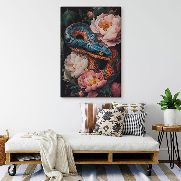 Blaue und orangefarbene Schlange mit Blumen Wandbilder Blaue und orangefarbene Schlange mit Blumen