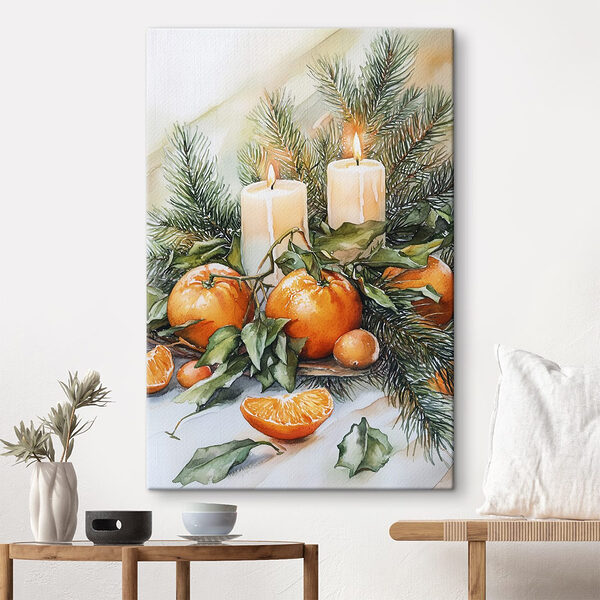 Aquarellmalerei von Orangen und Kerzen auf einem Tisch Wandbilder Aquarellmalerei von Orangen und Kerzen auf einem Tisch