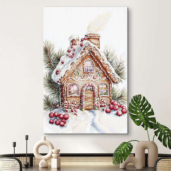 Lebkuchenhaus mit Zuckerstangen und Tannenzweigen Wandbilder Lebkuchenhaus mit Zuckerstangen und Tannenzweigen