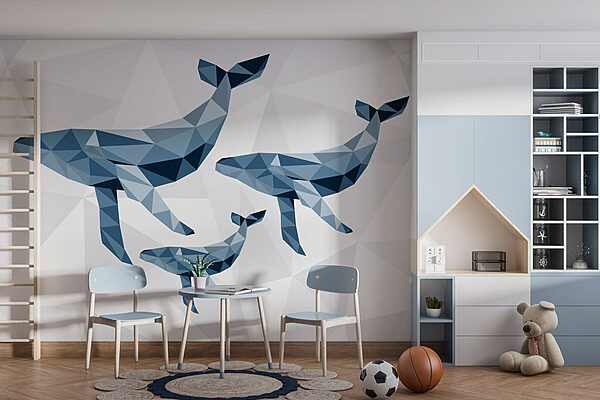 Gruppe von Walen im Low-Poly-Stil Fototapeten Gruppe von Walen im Low-Poly-Stil