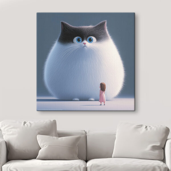 Cartoon einer Katze, die ein kleines Mädchen anschaut Wandbilder Cartoon einer Katze, die ein kleines Mädchen anschaut