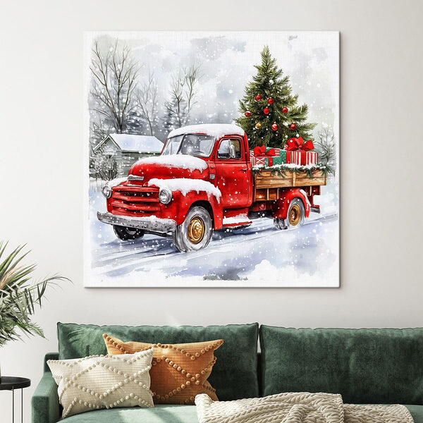 Roter Lastwagen mit einem Weihnachtsbaum auf der Ladefläche Wandbilder Roter Lastwagen mit einem Weihnachtsbaum auf der Ladefläche