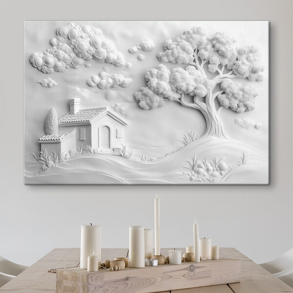 Wandbilder Weißes Wandbild mit Haus und Baum