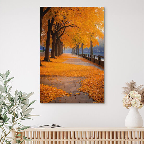 Pfad mit orangefarbenen Blättern auf dem Boden Wandbilder Pfad mit orangefarbenen Blättern auf dem Boden