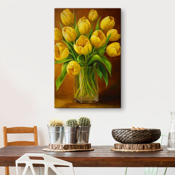 Gemälde von gelben Tulpen in einer Glasvase Wandbilder Gemälde von gelben Tulpen in einer Glasvase