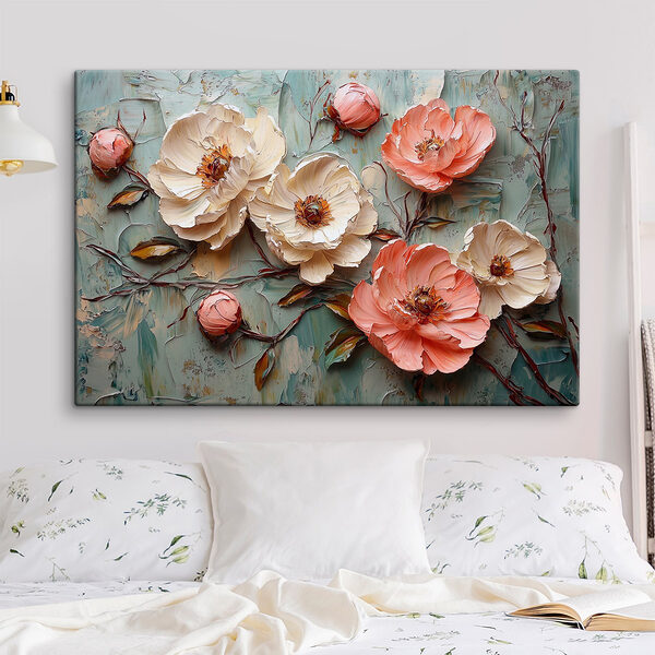 Malerei von Blumen auf einer blauen Fläche Wandbilder Malerei von Blumen auf einer blauen Fläche