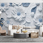 Fototapeten Weiße und blaue Blumen und Blätter