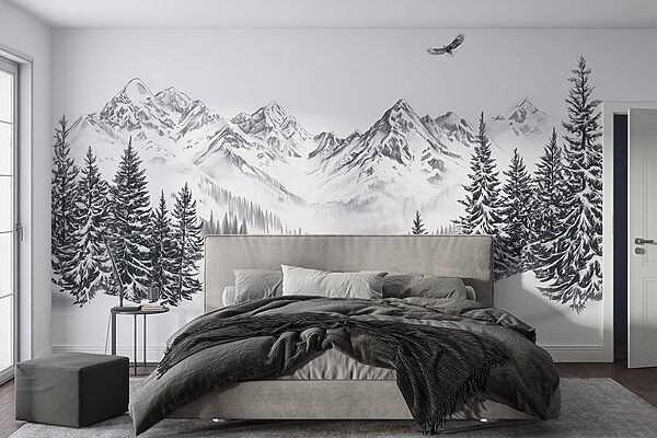 Verschneite Berglandschaft mit Bäumen und einem Vogel, der über sie fliegt Fototapeten Verschneite Berglandschaft mit Bäumen und einem Vogel, der über sie fliegt