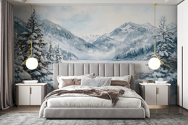 Verschneite Landschaft mit Bäumen und Bergen Fototapeten Verschneite Landschaft mit Bäumen und Bergen