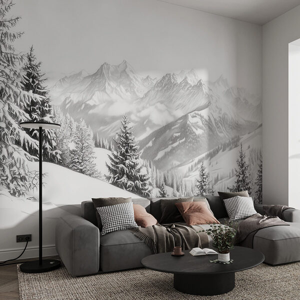Fototapeten Verschneiter Berg mit Bäumen und Bergen im Hintergrund