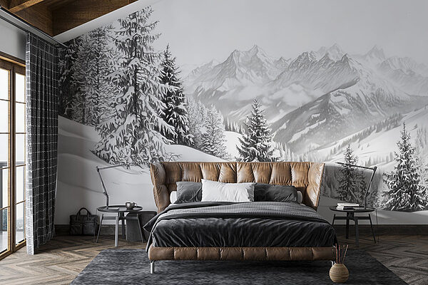 Verschneiter Berg mit Bäumen und Bergen im Hintergrund Fototapeten Verschneiter Berg mit Bäumen und Bergen im Hintergrund