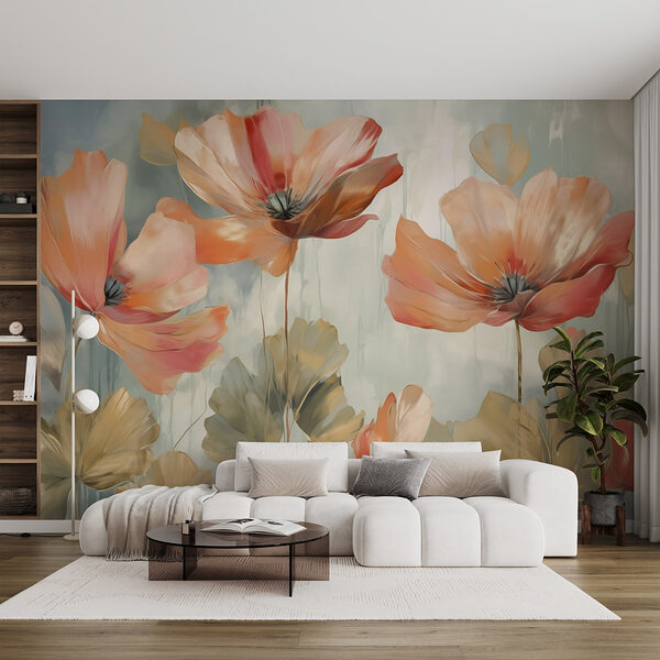 Gemälde mit Blumen an einer Wand Fototapeten Gemälde mit Blumen an einer Wand