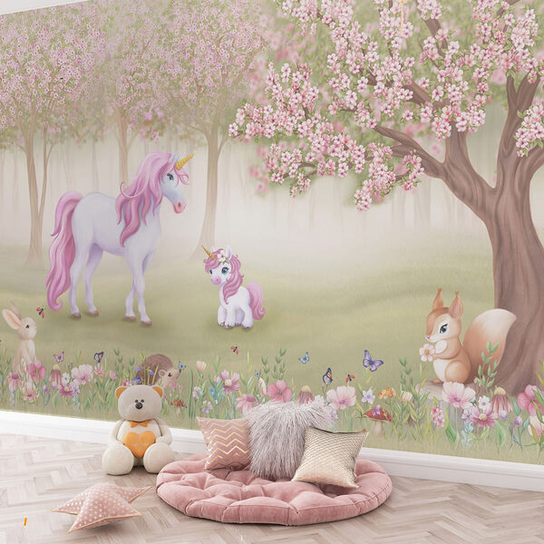 Fototapeten Ein Einhorn und ein Eichhörnchen im Wald