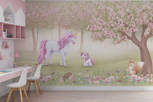 Ein Einhorn und ein Eichhörnchen im Wald Fototapeten Ein Einhorn und ein Eichhörnchen im Wald
