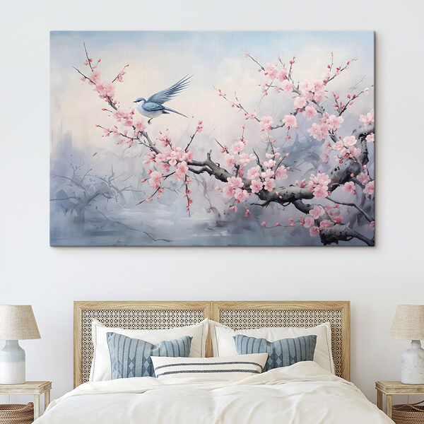 Vogel auf einem Zweig mit rosa Blüten Wandbilder Vogel auf einem Zweig mit rosa Blüten
