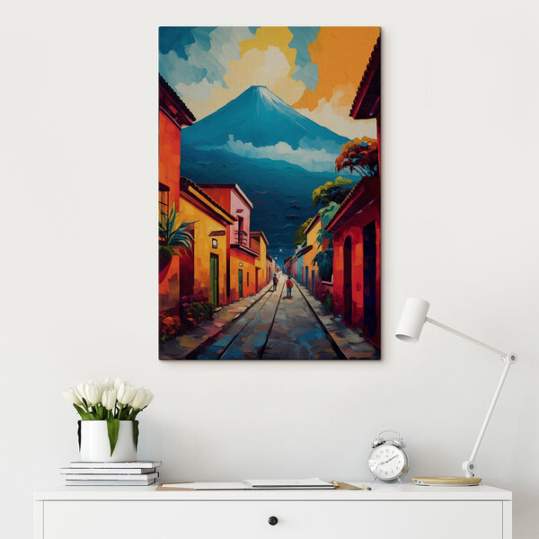 Gemälde einer Straße mit Gebäuden und einem Berg im Hintergrund Wandbilder Gemälde einer Straße mit Gebäuden und einem Berg im Hintergrund