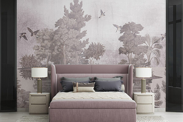 Fototapeten Vögel fliegen über Bäume