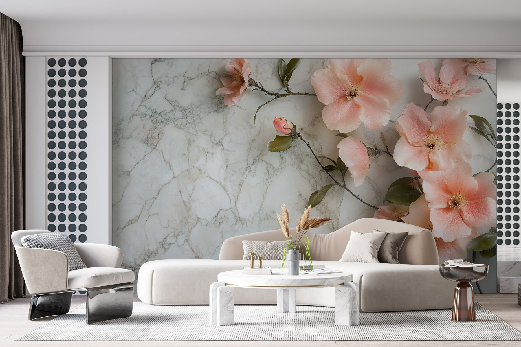 Fototapeten Gruppe von rosa Blumen auf einer Marmorfläche