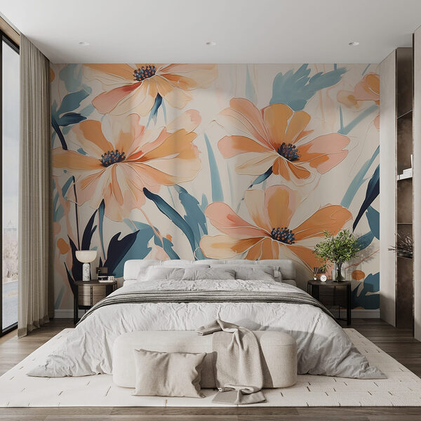 Malerei von Blumen auf einer weißen Fläche Fototapeten Malerei von Blumen auf einer weißen Fläche