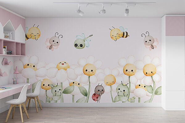 Gruppe von Cartoon-Käfern und Blumen Fototapeten Gruppe von Cartoon-Käfern und Blumen