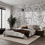 Fototapeten Mit schwarzen Linien gezeichnetes Muster von Gesichtern