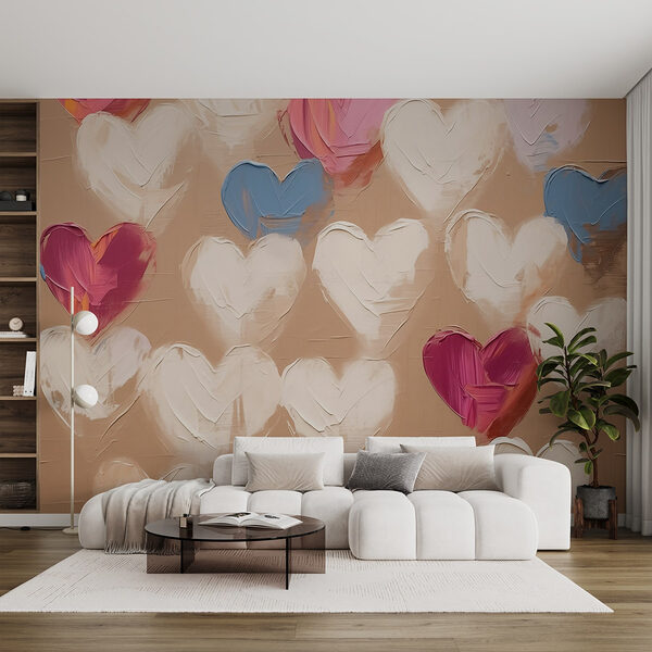 Bunte Herzen auf einer Leinwand Hintergrund Fototapeten Bunte Herzen auf einer Leinwand Hintergrund