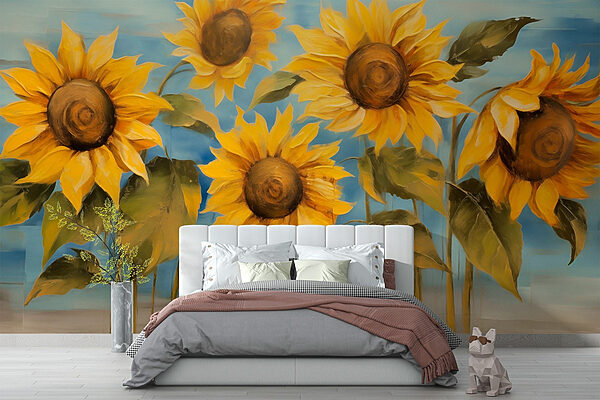 Gemälde von Sonnenblumen an einer Wand Fototapeten Gemälde von Sonnenblumen an einer Wand