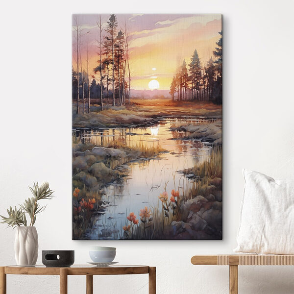 Aquarell eines Flusses mit Bäumen und einem Sonnenuntergang Wandbilder Aquarell eines Flusses mit Bäumen und einem Sonnenuntergang
