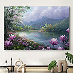 Wandbilder Fluss mit Blumen und Bergen im Hintergrund