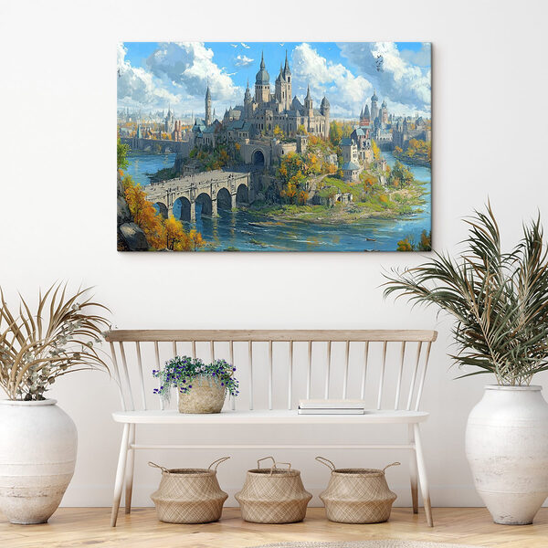 Schloss auf einem Hügel mit einer Brücke über das Wasser Wandbilder Schloss auf einem Hügel mit einer Brücke über das Wasser