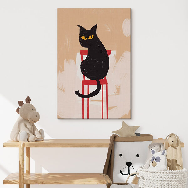 Schwarze Katze sitzt auf einem roten Stuhl Wandbilder Schwarze Katze sitzt auf einem roten Stuhl