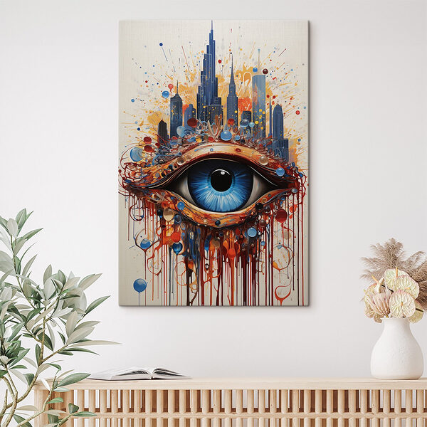 Gemälde eines blauen Auges mit einer Stadt dahinter Wandbilder Gemälde eines blauen Auges mit einer Stadt dahinter