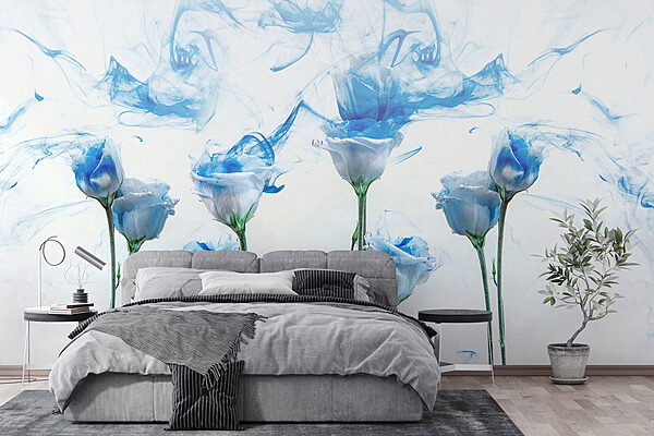 Gruppe von Blumen mit blauer Tinte im Wasser Fototapeten Gruppe von Blumen mit blauer Tinte im Wasser