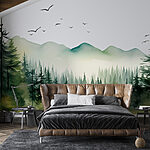 Fototapeten Aquarell von Wald und Bergen