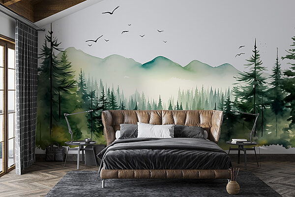Aquarell von Wald und Bergen Fototapeten Aquarell von Wald und Bergen