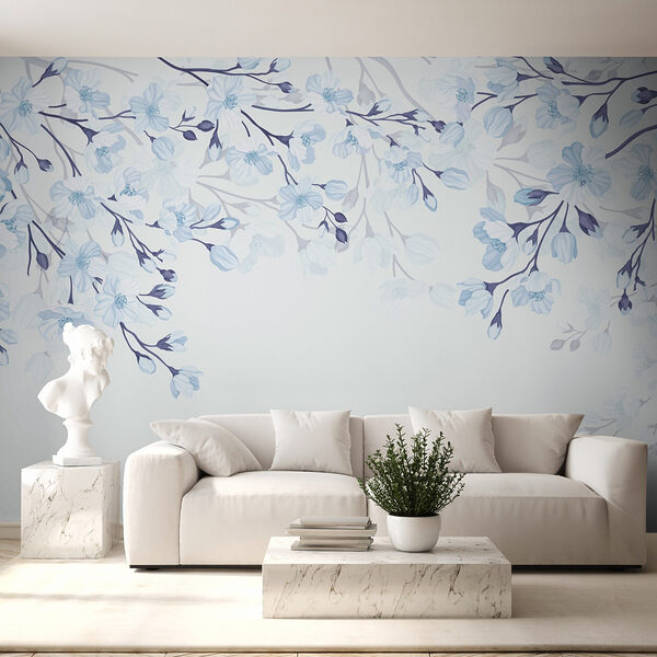 Fototapeten Weiße und blaue Blumen auf weißem Hintergrund