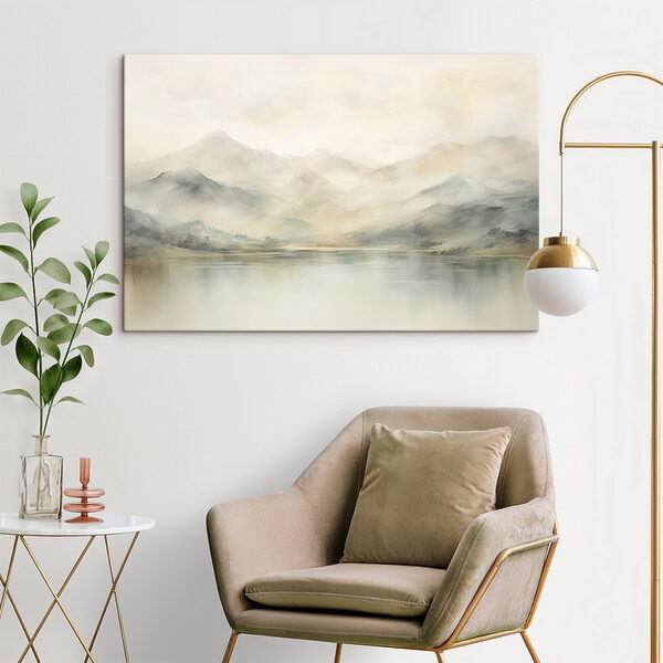 Aquarell eines Sees mit Bergen in der Ferne Wandbilder Aquarell eines Sees mit Bergen in der Ferne