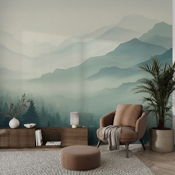 Wall murals Foggy mountain landscape with trees Fototapeten Wall murals Foggy mountain landscape with trees