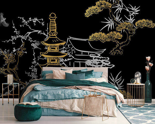 Gelassene asiatische Landschaft mit verschlungenen Mustern Fototapeten Gelassene asiatische Landschaft mit verschlungenen Mustern