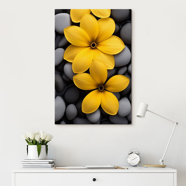 Gelbe Blumen auf einem Steinhaufen Wandbilder Gelbe Blumen auf einem Steinhaufen