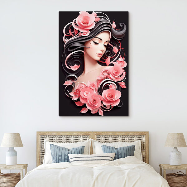 Frau mit langen Haaren und rosa Blumen Wandbilder Frau mit langen Haaren und rosa Blumen